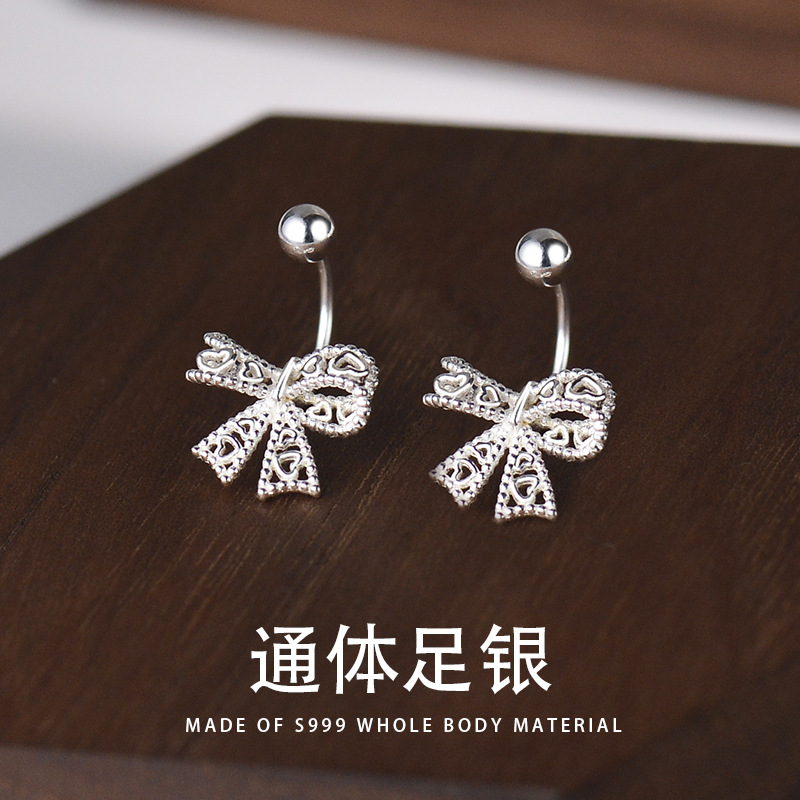 足银耳饰 S999纯银螺丝拧扣蝴蝶结耳钉女养耳洞耳骨钉耳饰