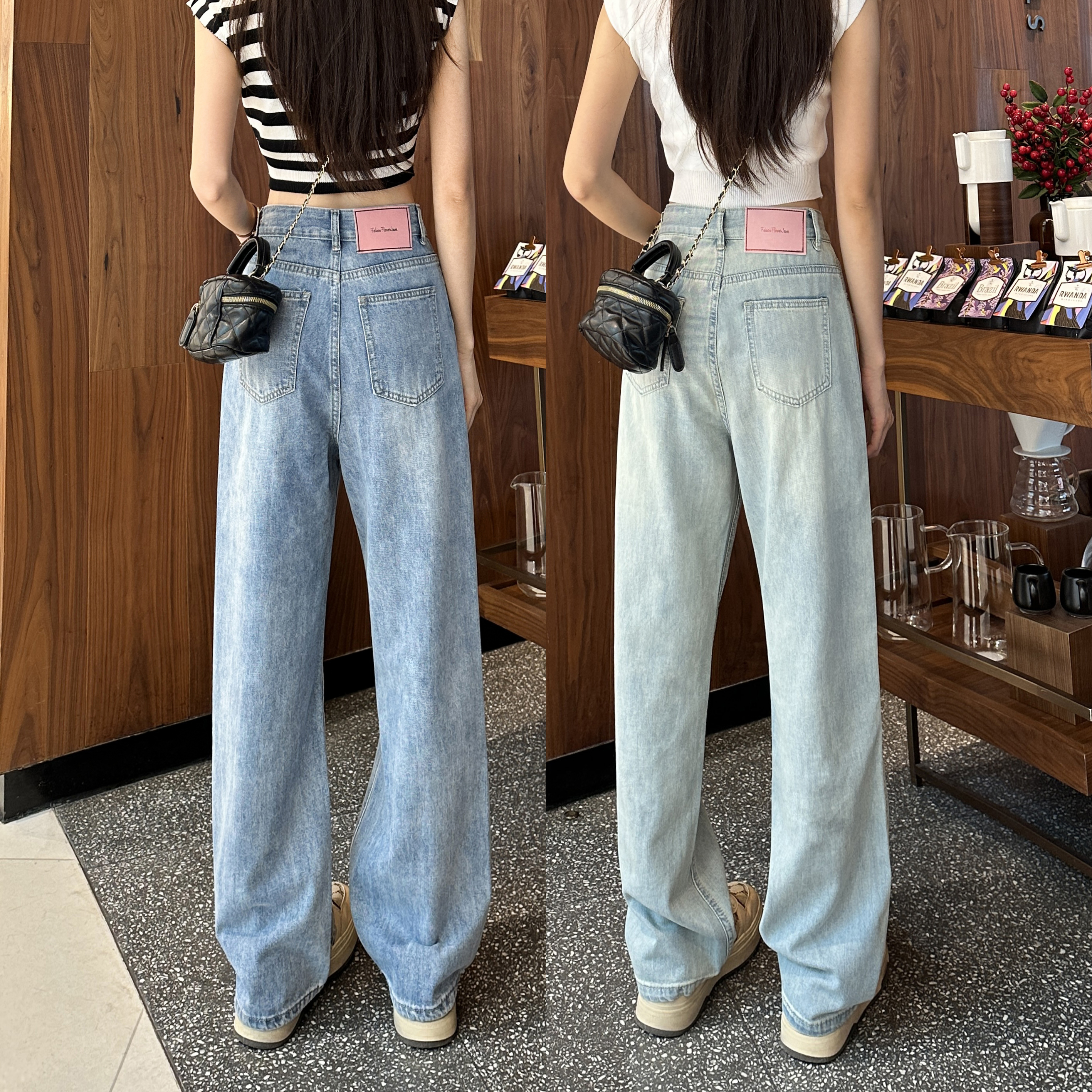 【芭比适】6553月光蓝牛仔裤女爆款2023年新款高腰垂感窄版阔腿裤