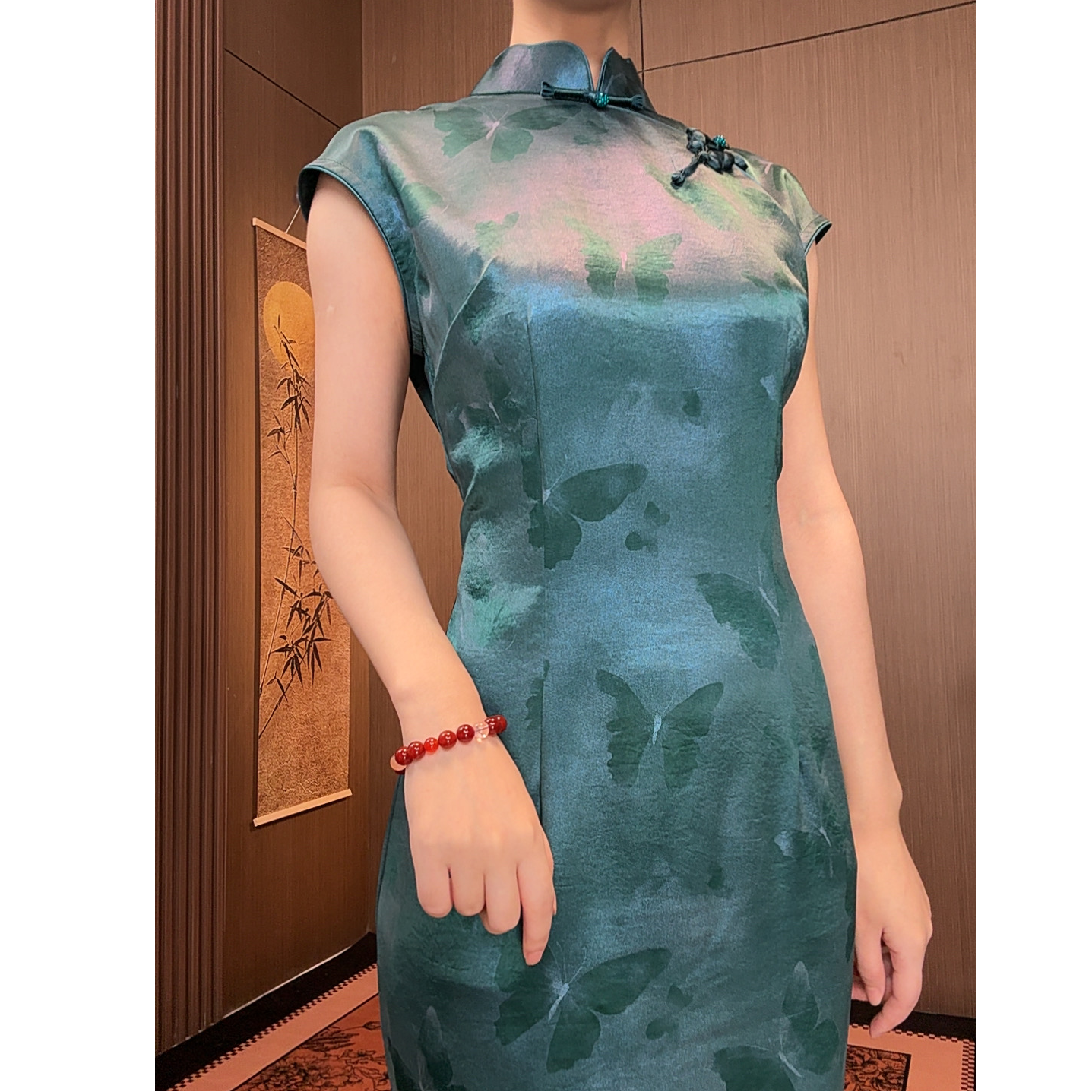 白幼秀新款一字扣长裙新中式旗袍旗袍双层无袖日常复古5707 GU