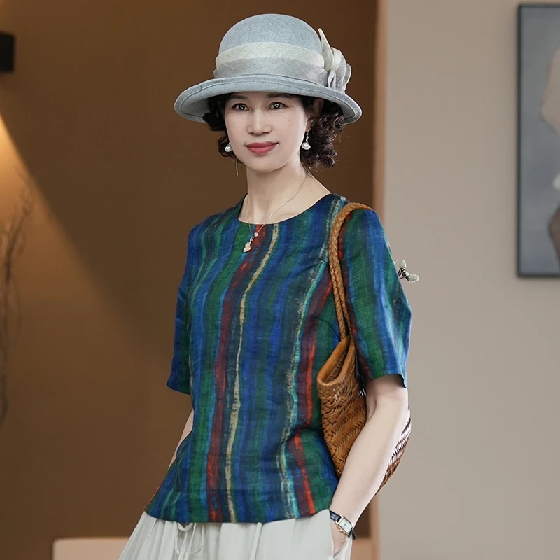 彩条套装组合夏季气质中老年妈装印花国潮