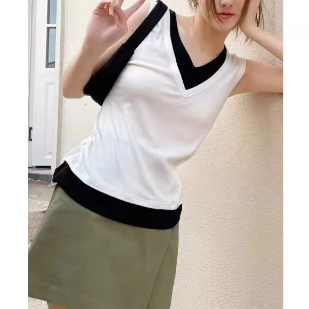 8614-假两件螺纹撞色V领背心（三色）