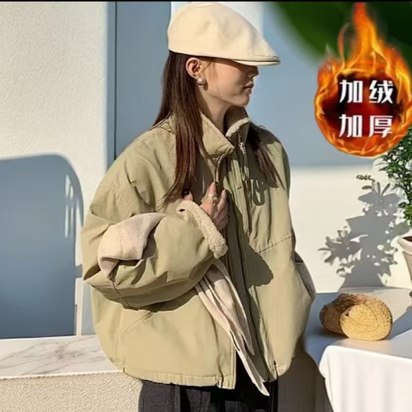 2025仿羊羔毛短款双链接派克服女小个子韩版休闲宽松棉服外套