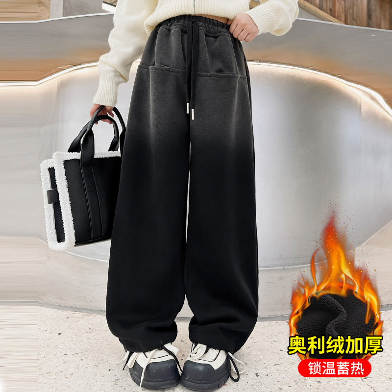 女童加绒裤子秋冬款2023新款中大儿童加厚休闲长裤冬季宽松阔腿裤