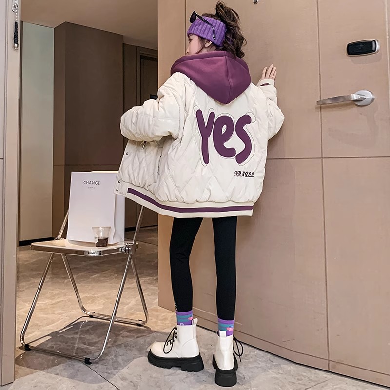 女童冬季外套2023新款韩版儿童连帽假两件加厚棉衣中大童冬装棉服