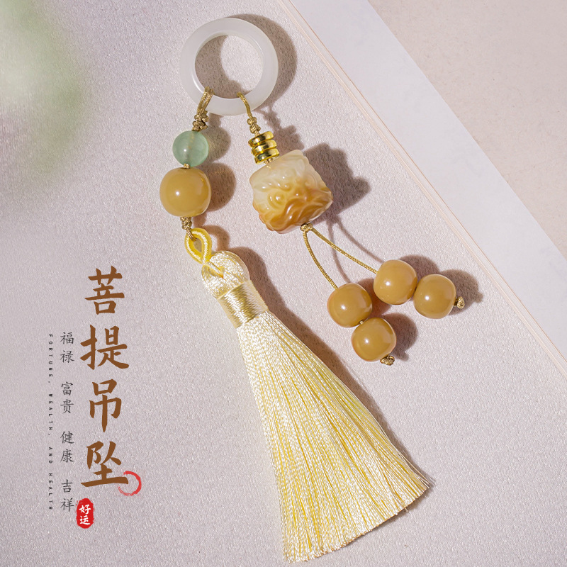 白玉绿菩提跑环配饰墨绿色流苏渐变莲花手持穗子手串DIY钥匙扣