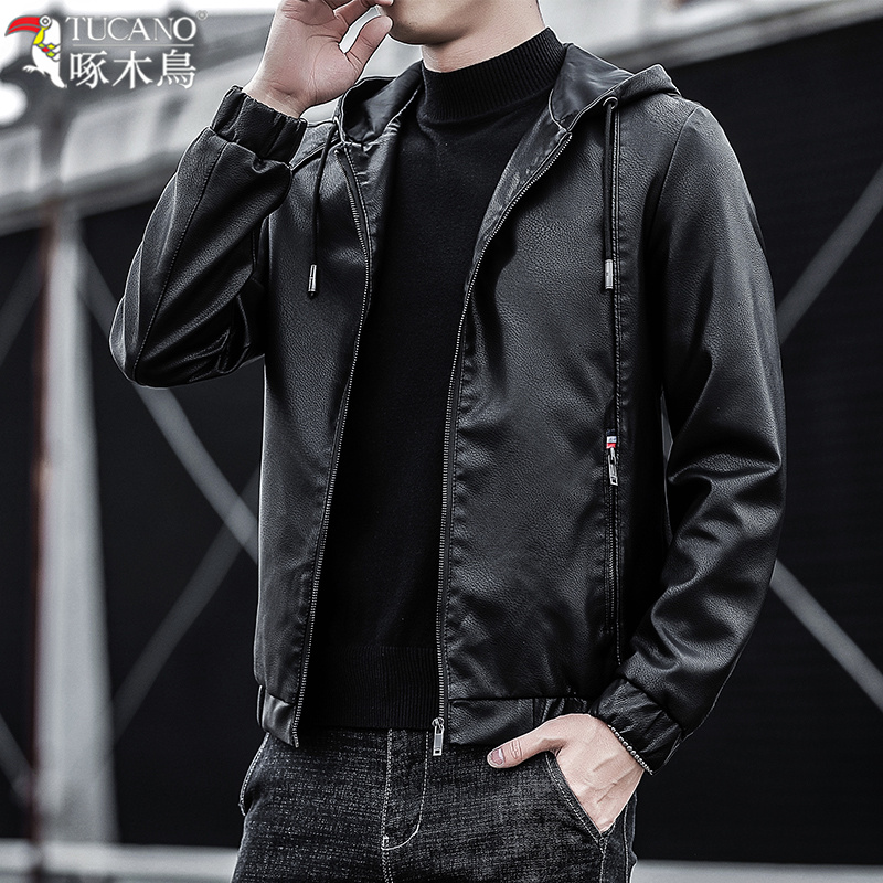 TUCANO/啄木鳥男士皮衣夹克外套上衣2023秋冬新款连帽休闲机车服