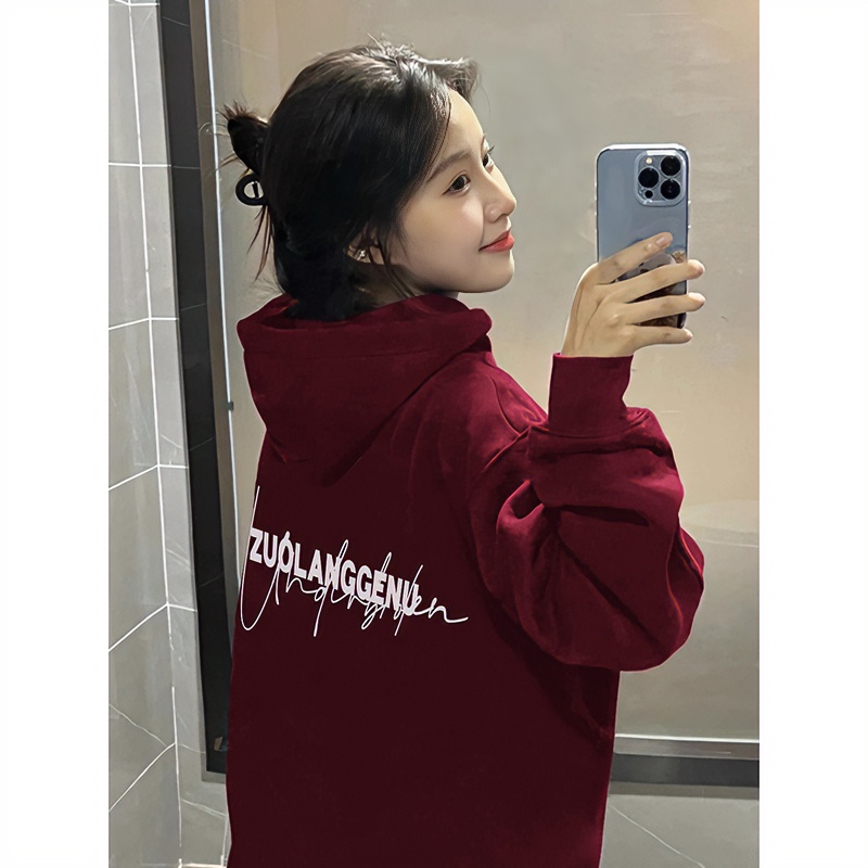 高街显白酒红色卫衣女原创欧美秋冬款潮牌连帽长袖hiphop小众外套