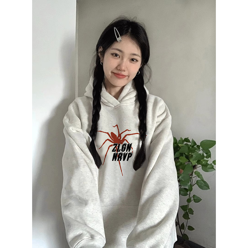 慵懒风蜘蛛连帽AB面卫衣女秋冬重磅2023新款设计感宽松长袖上衣潮