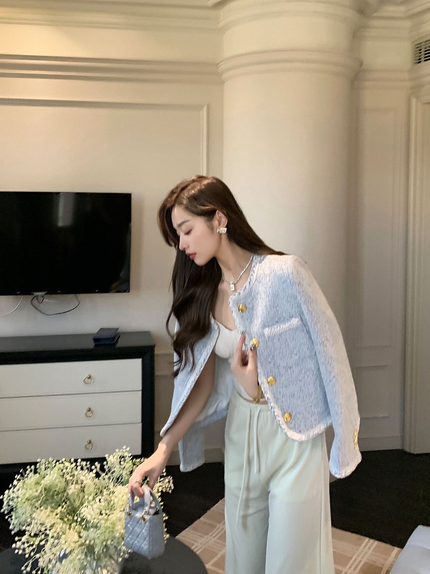 法式编织小香风外套2023秋季新款设计感粗花呢上衣白色阔腿裤套装