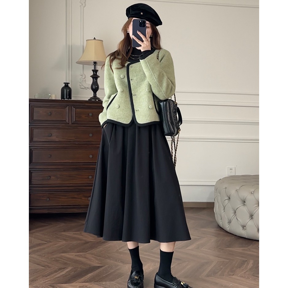 秋冬装搭配一整套法式复古小香风毛呢外套连衣裙两件套装新款女装