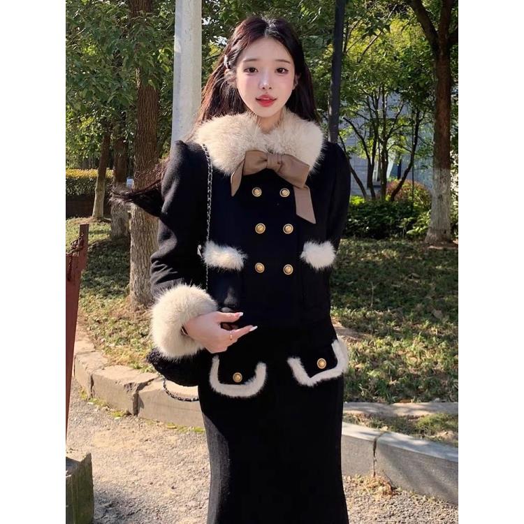 小香风毛毛领夹棉加厚毛呢外套女秋冬套装包臀半身裙短裙子两件套