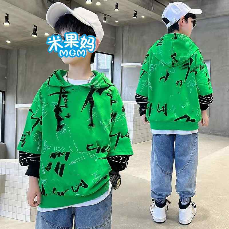 儿童2024春季新款满印字母拼袖连帽卫衣D4896