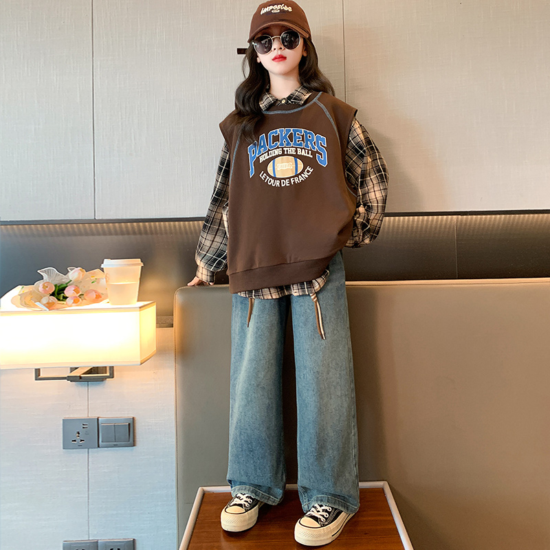 女童春装套装2024新款韩版中大童春季宽松格子衬衫马甲儿童三件套