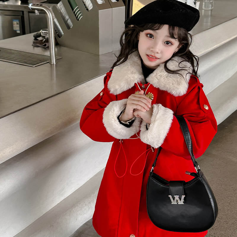女童派克服秋冬款2023新款儿童女大童冬装加绒加厚本命年红色外套