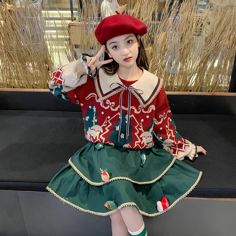 圣诞衣服女童连衣裙2023秋冬新款儿童毛衣裙套装大童洋气蛋糕裙子