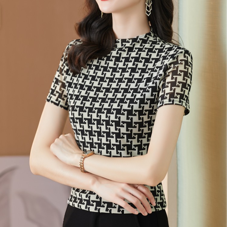 高贵上档次女装网纱短袖上衣2023夏季新款轻奢洋气妈妈装打底小衫