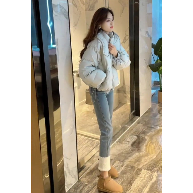 小个子高腰显瘦直筒裤子小众设计感复古加绒加厚牛仔烟管裤女秋冬