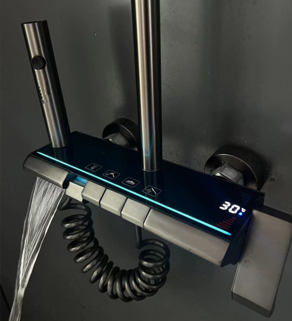 A爆款枪灰水镀四档按键带氛围灯花洒套装50013Q（太阳能咨询客服）