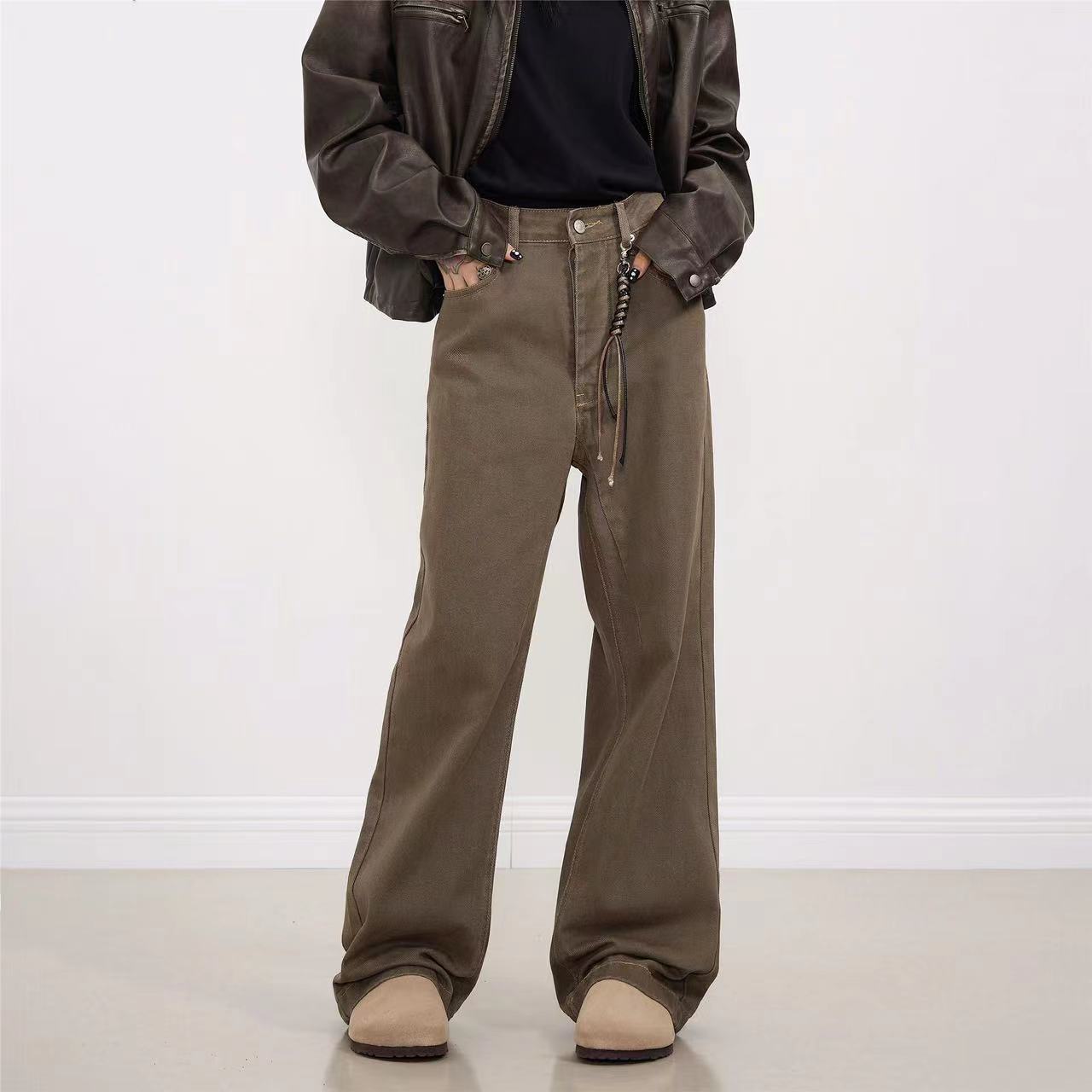 秋冬复古咖啡色牛仔裤男女款潮牌宽松美式棕色直筒阔腿裤子