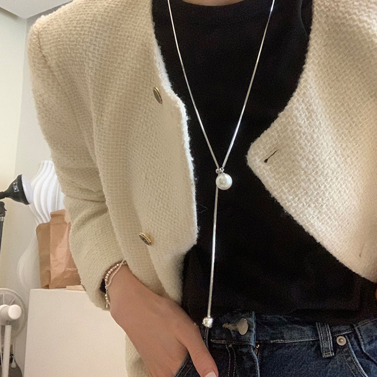 钛钢项链 女轻奢秋冬仿珍珠颈链长锁骨链毛衣链百搭配饰毛衣配饰