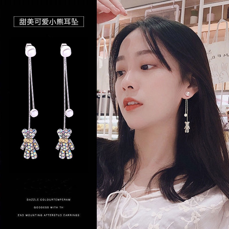 合金耳饰 气质摩登彩钻小熊耳钉百搭时尚仿珍珠两戴超仙潮女耳环