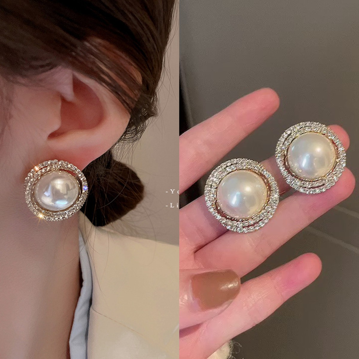 合金耳饰 镶钻仿珍珠耳钉潮女小众设计感耳环简约冷淡风网红耳坠