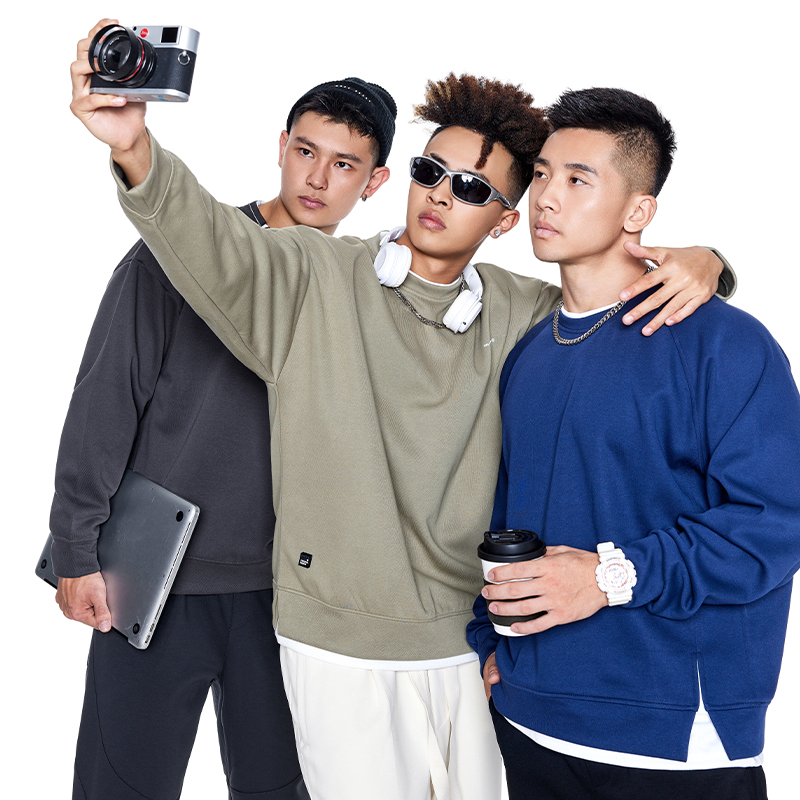 墨立方2023年秋季男士假两件圆领套头重磅洗水卫衣长袖t恤外套潮