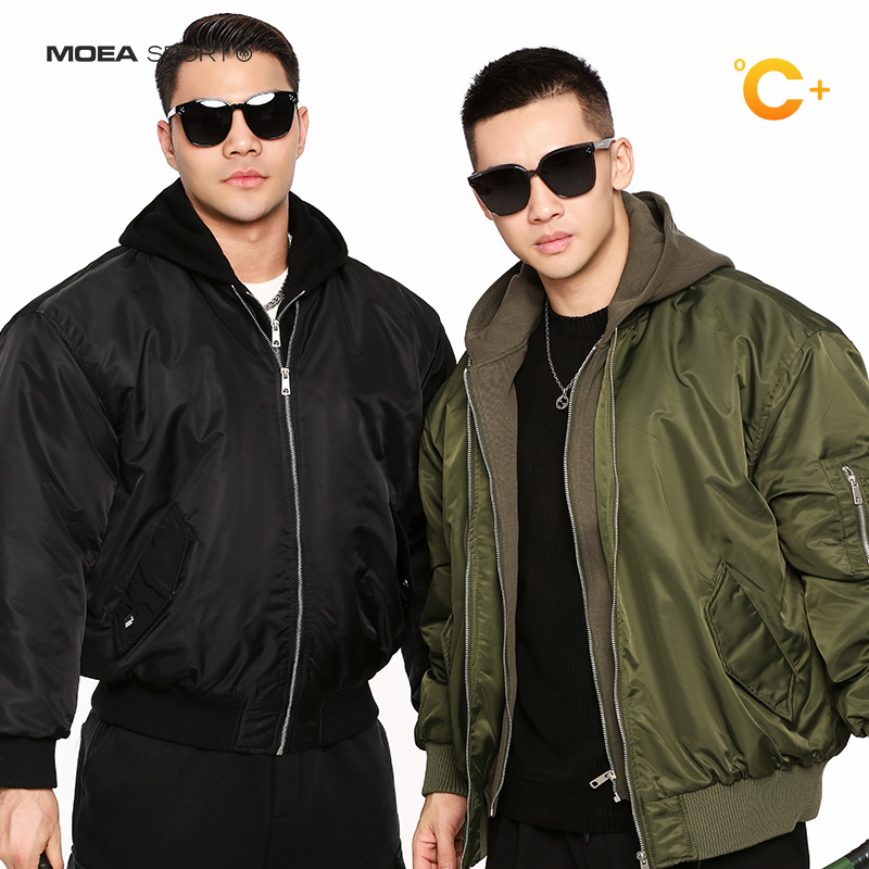 墨立方美式复古宽松MA1飞行员连帽夹克假两件夹棉棉服工装外套男