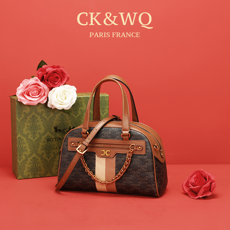 CK&WQ/2024春夏新款复古轻奢拼色印花手提斜挎包WQ-1480X咖色
