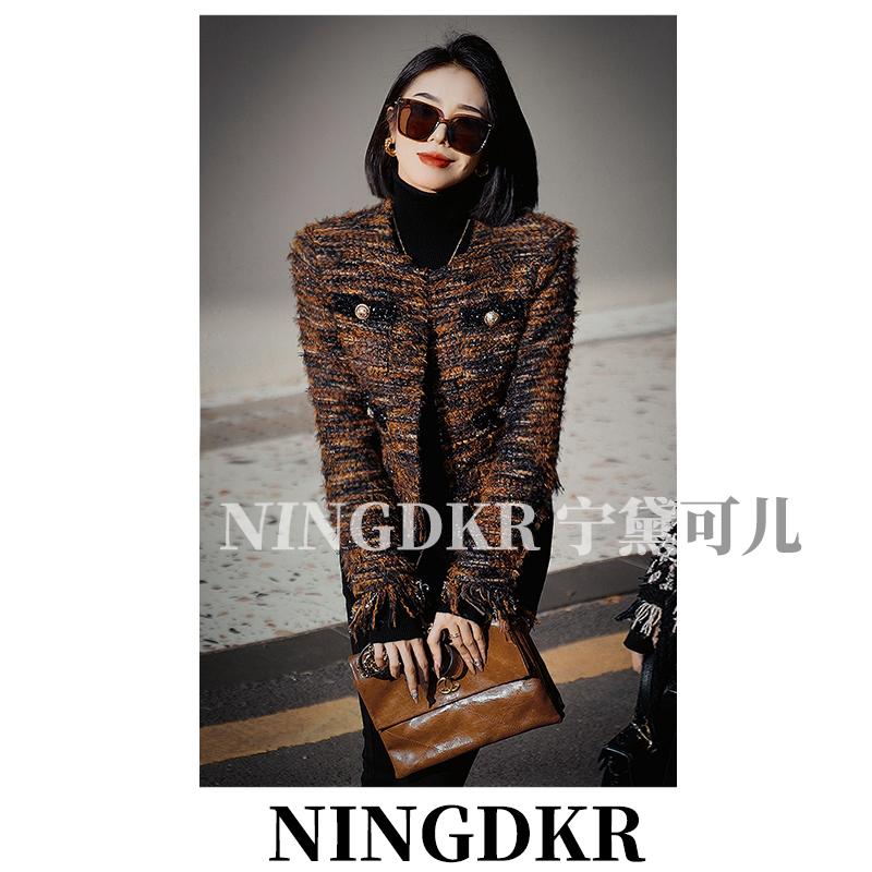 家JZ100110高级感名媛气质显瘦羊皮拼接粗花呢流苏小香风外套女