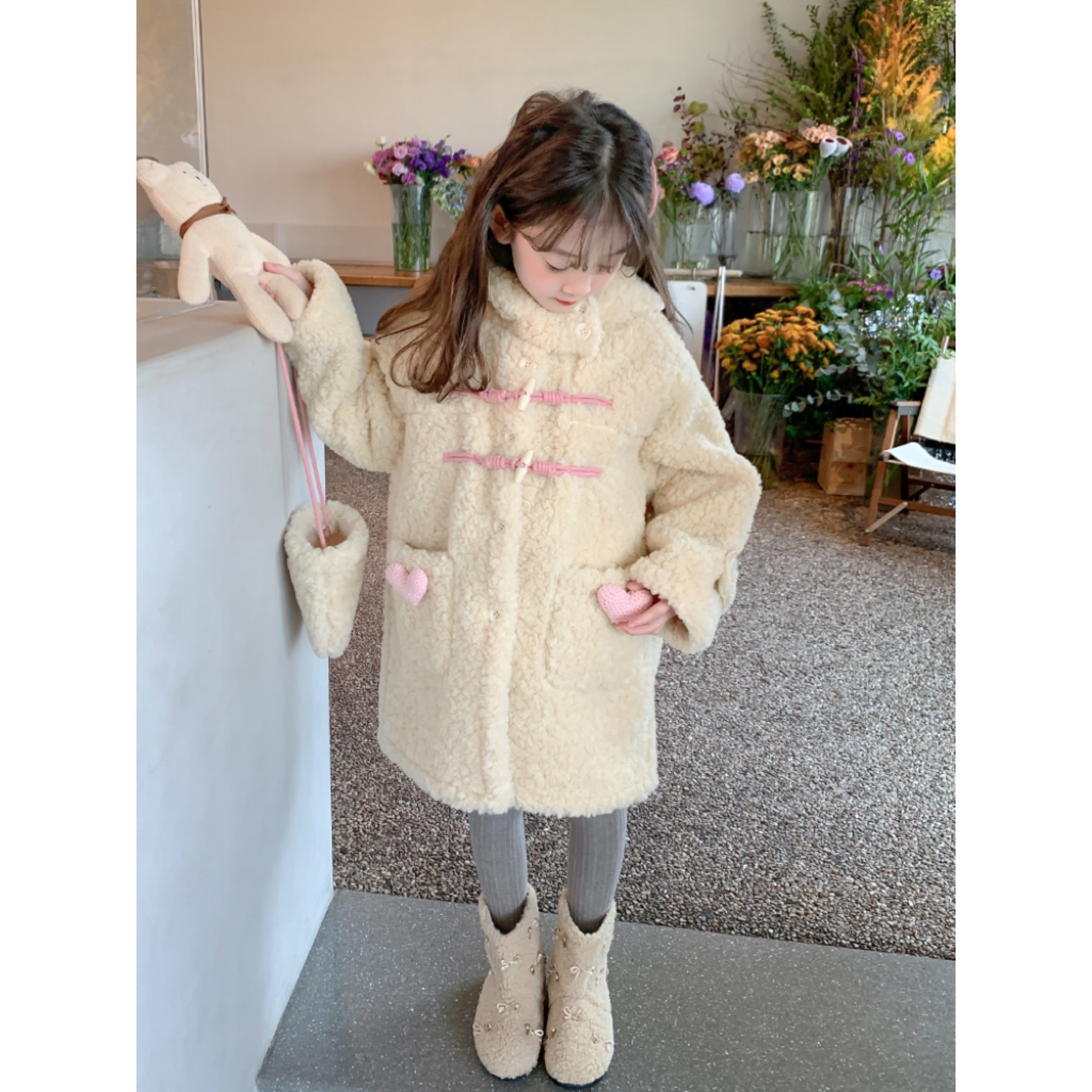 小黄鸭森活女童毛毛衣外套秋冬2023新款羊羔绒大衣儿童装冬季加厚