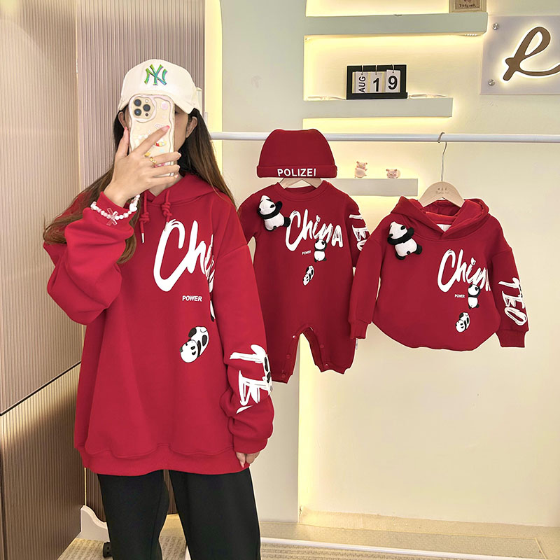 母女国潮秋冬季新款加绒情侣连帽宽松炸街中国风红色卫衣洋气