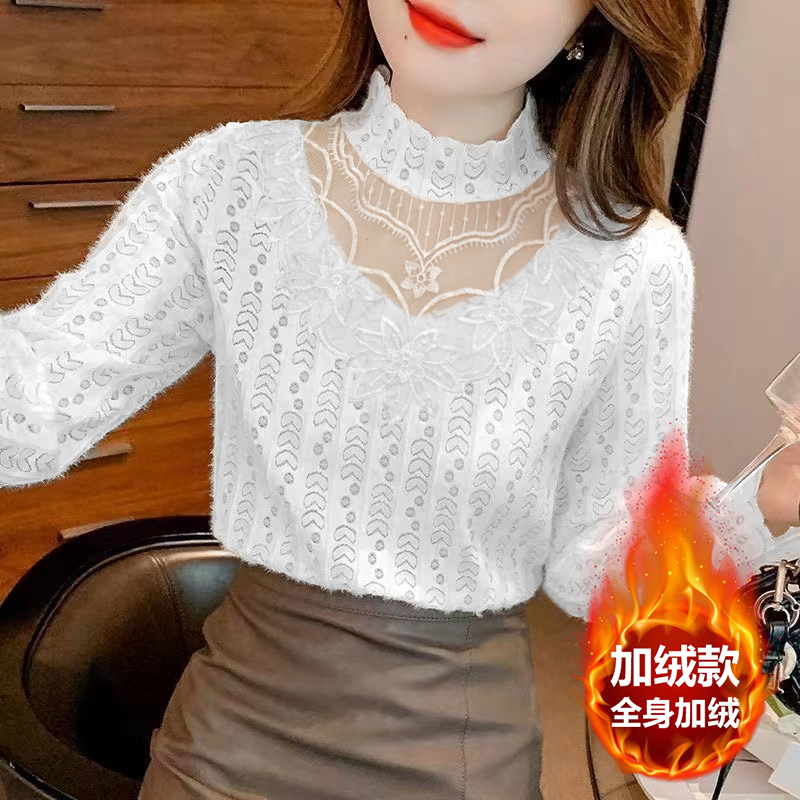 时尚百搭半高领加绒秋冬显瘦遮肚修身上衣蕾丝打底衫保暖内搭小衫