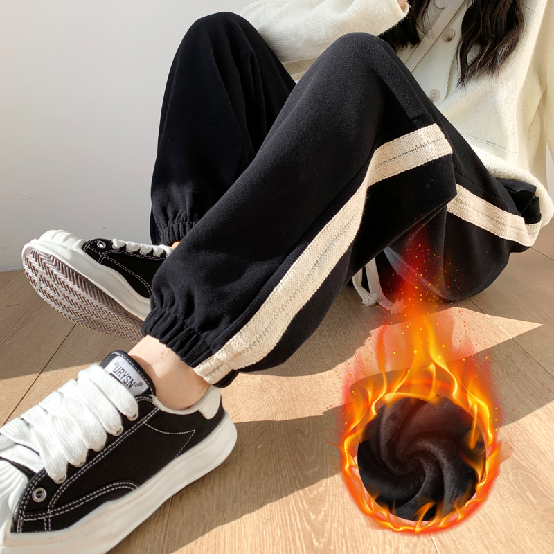 加绒运动裤女秋冬加厚阔腿棉裤高腰显瘦外穿美式宽松大码抽绳卫裤