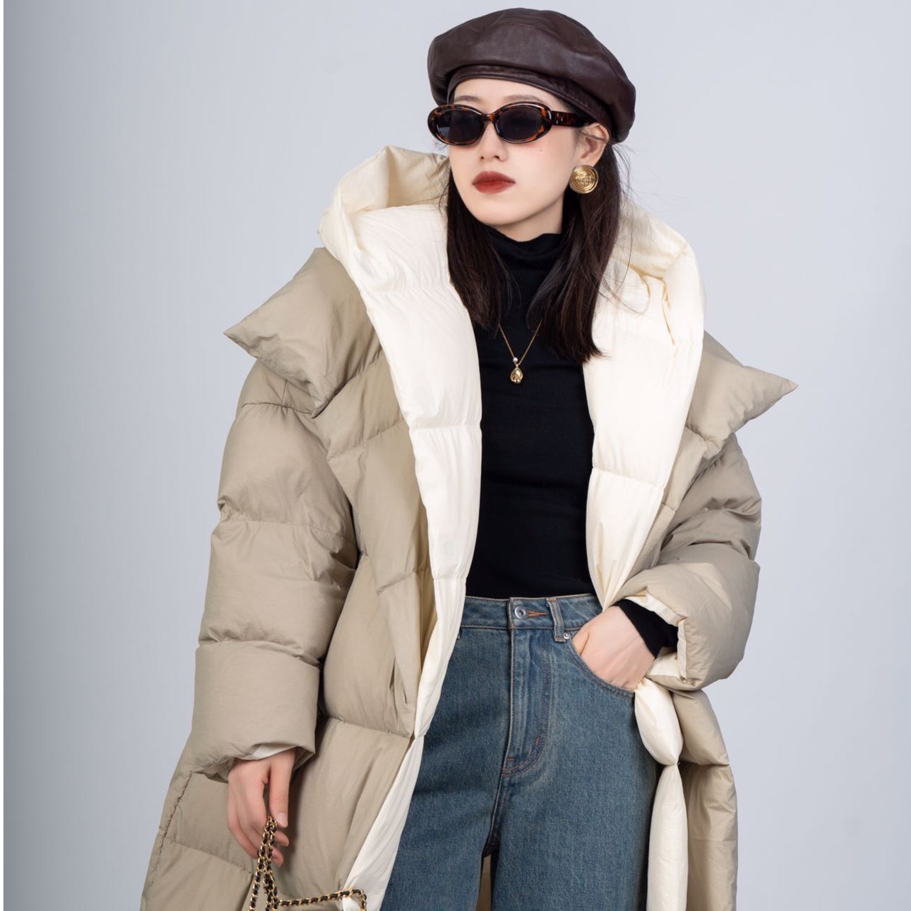 JUYOUHONG2023新款时尚女士连帽中长款加厚秋冬轻薄保暖羽绒服