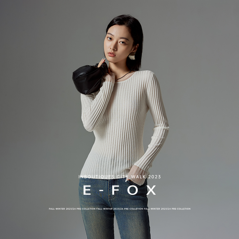 E-FOX 显瘦气质圆领坑条法式喇叭袖内搭羊毛打底衫