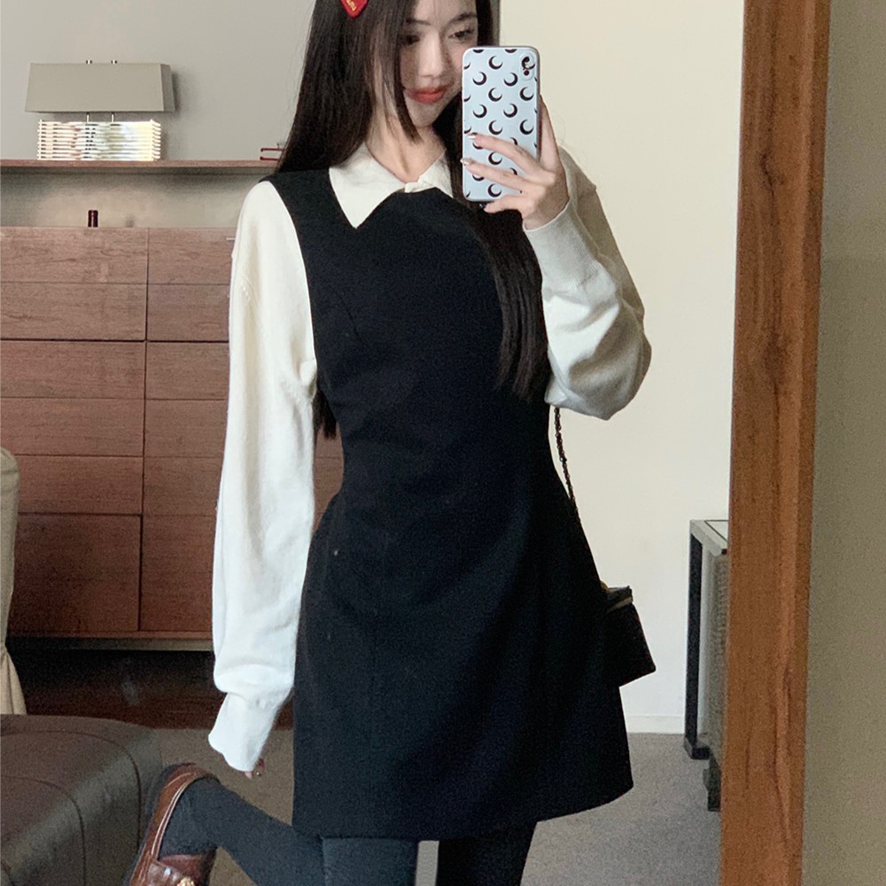 留洋大小姐 显瘦连衣裙女毛呢背心裙娃娃领针织衫套装