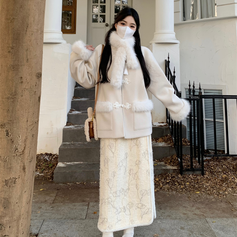大码女装东方水墨新中式宽松设计感保暖加厚外套半身裙套装