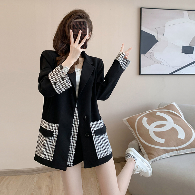 春秋韩版时尚外套女秋冬2023新款法式气质千鸟格宽松显瘦黑色西装