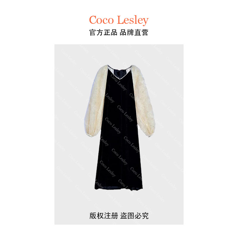 （门店 41513）M新款V领礼服轻奢高端洋气复古拼接丝绒大码连衣裙
