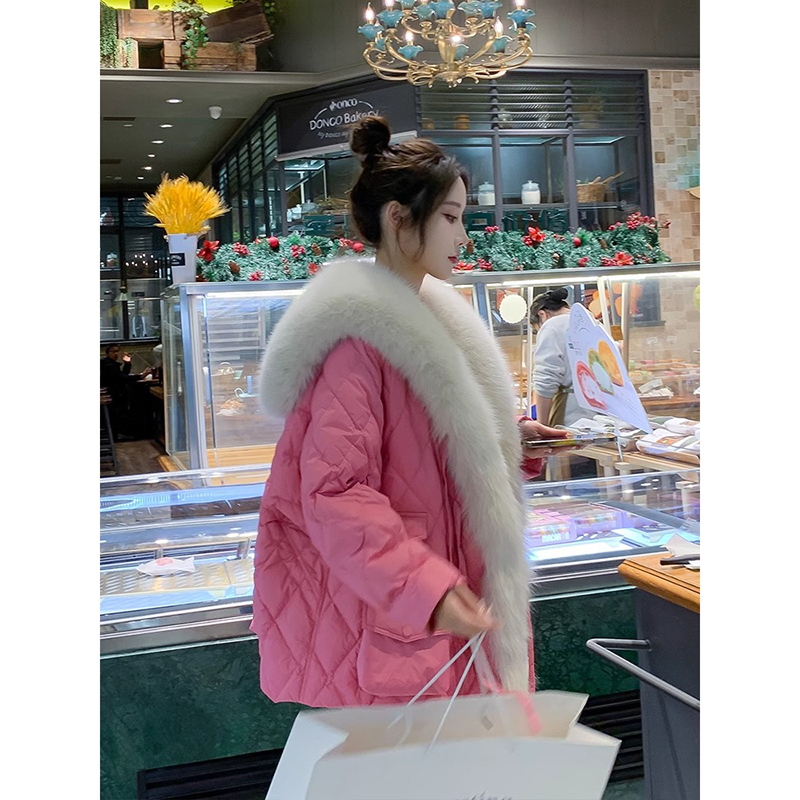 艾格丽芙琳2023年新款仿狐狸毛海军领亮色棉服外套派克服女中长款