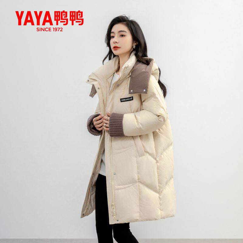 YAYA/鸭鸭羽绒服女款2023年 新款针织拼接袖口中长款连帽保暖外套