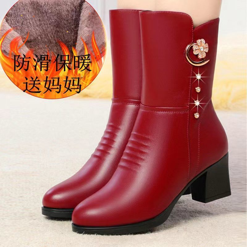 妈妈靴子女冬季中年女士中筒靴软皮棉鞋2023新款中老年加绒中跟女