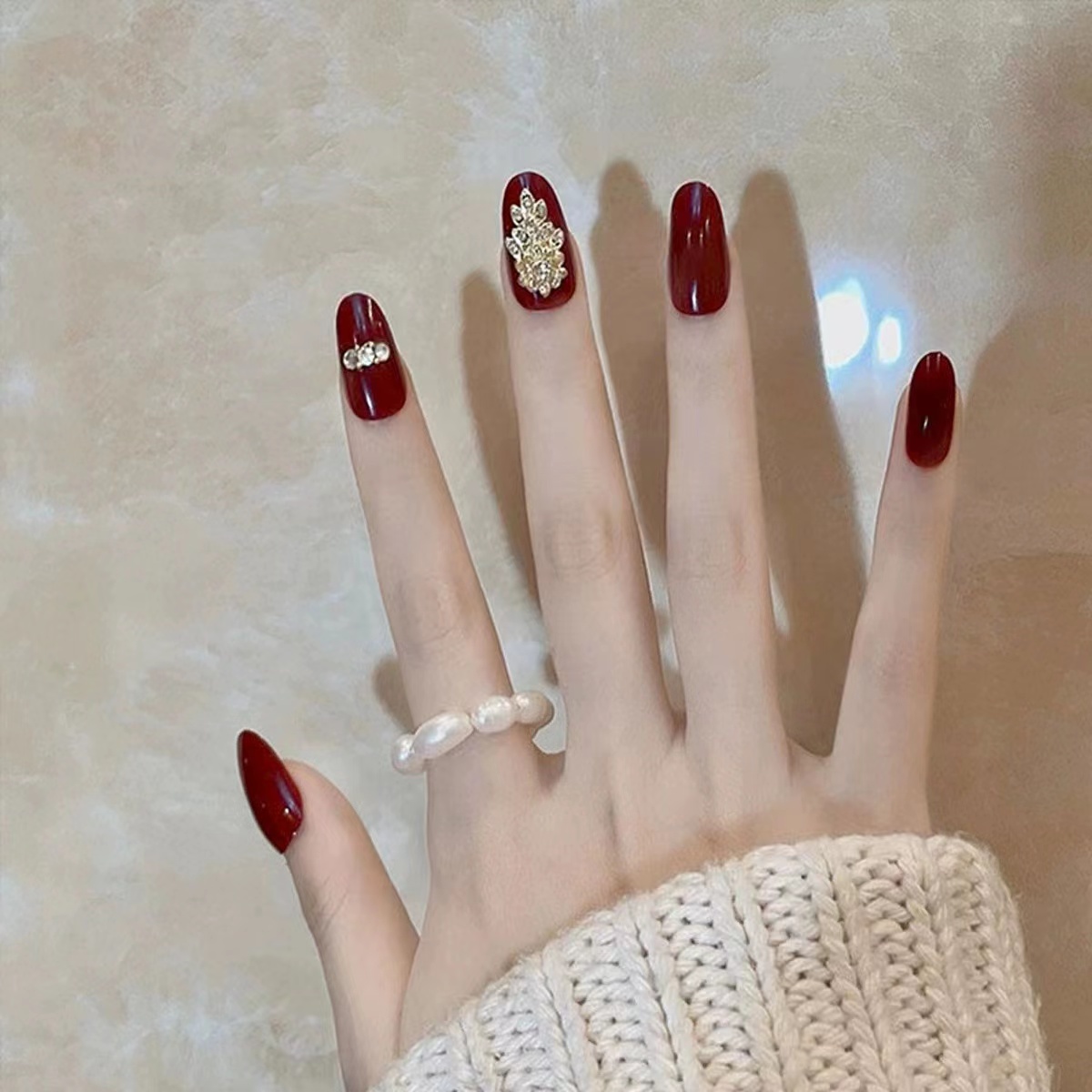 【M161】车厘子红色富贵花开美甲贴片（中长款）穿戴甲