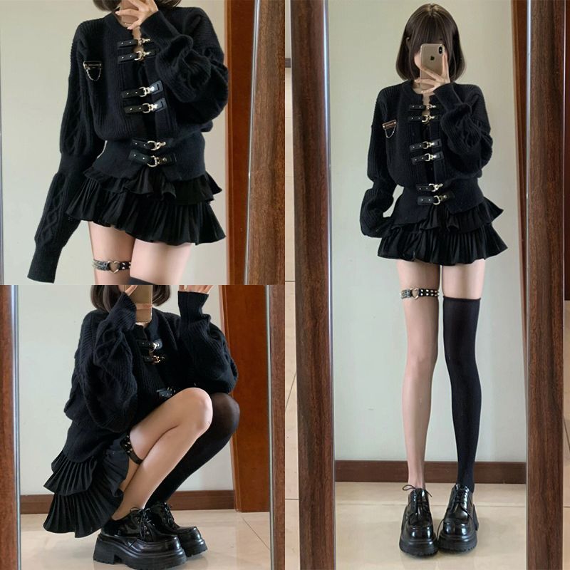 两件套装/单件甜酷风潮流皮扣针织外套+短款显高蓬蓬半身裙套装女