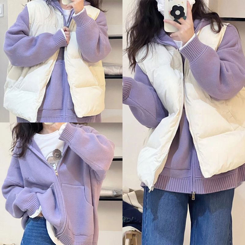 两件套/单件秋冬新款棉服马甲开衫+紫色拉链开衫毛衣小外套套装女