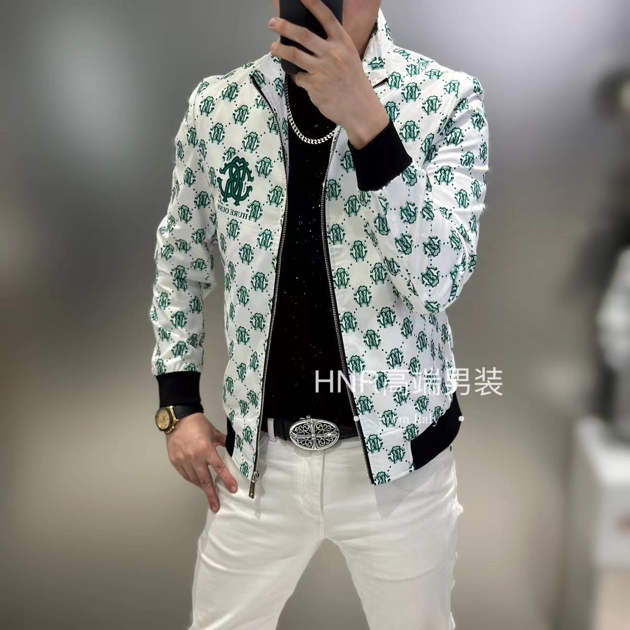满花字母印花图案新款高端男士高品质时尚潮流休闲百搭轻奢夹克
