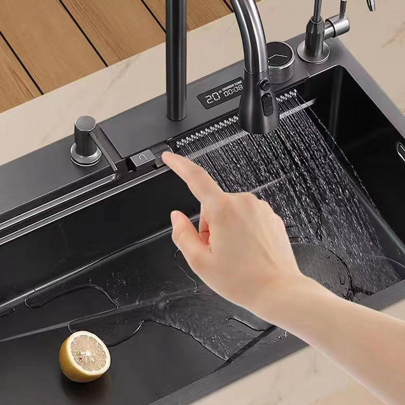 九牧王鲨鱼数显瀑布钢琴键黑色蜂窝压纹大单槽抽厨房洗菜盆洗碗池
