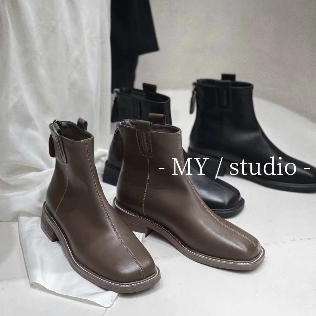 MYstudio韩国老板娘方头复古英伦风时尚粗跟显瘦秋冬真皮马丁鞋