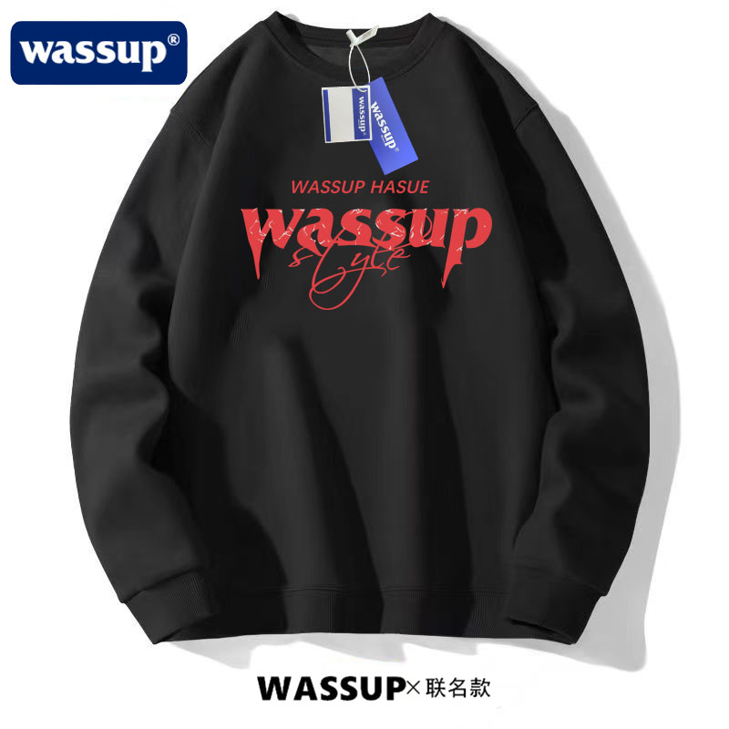 wassup hasue国潮情侣卫衣男生美式高街潮牌圆领加绒加厚套头上衣